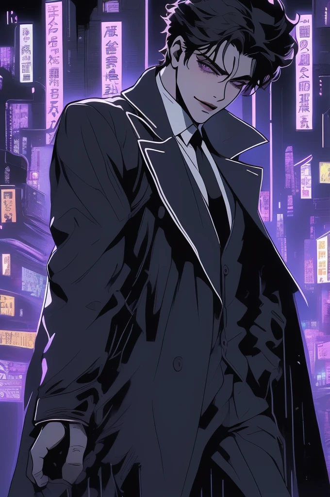 anime man in the night city, attractive man with сиреневые глаза while squinting, adult man, black hair, black loose shirt, (((no decorations on clothes))), beautiful detailed eyes, lilac eyes eyes, squinting, shoulder-length curly hair, (Best quality,4K,8 k,A high resolution,masterpiece:1.2), ultra detailed, bright colors, dark lighting, Cinematic, A sly smile on his face, long hair, full length