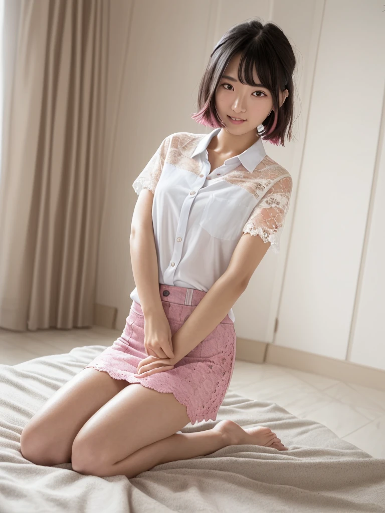 (Highest quality:1.9)、(High resolution)、Live-action image quality、((19 year old female university student、1 person))、Soft lighting by a professional photographer、Natural light、((Very spacious white luxurious room:1.6))、((Bright white room:1.6))、(Sitting on a very luxurious white bed:1.2)、(White Bookcase:1.1)、Natural soft light、((Black Hair Color:1.1))、Fair skin、Detailed Eyes、double eyelid、Slightly puffy cheeks、((Small Face:1.0))、((Pink lace short sleeve shirt、Checked mini skirt、Please wear it with the chest open.:1.7))、(smile)、((Girly pose 1.8))、((short hair:1.1))、((Full Body Shot:1.2))、((Height: 145cm))、Hands in front、Hide your hands between your legs、bangs、