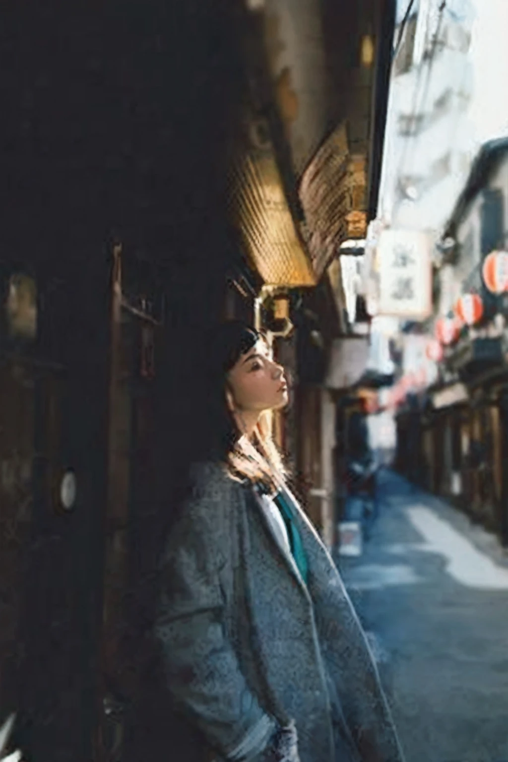 by rella, woman standing on a narrow street in a city with buildings, in a tokyo street, by Eizan Kikukawa, in the streets of tokyo, standing in an alleyway, by Torii Kiyomoto, by Kamagurka, by Tobias Stimmer, in narrow tokyo alleyway, shot in canon 50mm f/1.2
