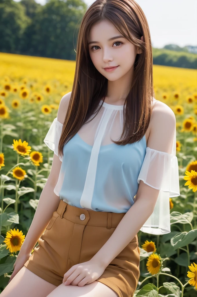 (((See-through white short-sleeved blouse))) ,(1若い女の子Very detailed美しい顔), (((Natural Makeup))),Great face and great quality:1.4), (Ultra-detailed), (Very detailed CG 統合 8k 壁紙), Very detailed,21 years old, High resolution raw color photos, Professional photography, Realistic portraits, Great face and eyes, Brown eyes,(((Straight medium brown hair))), model, Depth of written boundary,,sit,smile,(topless),(((Quite small breasts))),(Small blue shorts),modelのポーズで立つ,,Sunflower field