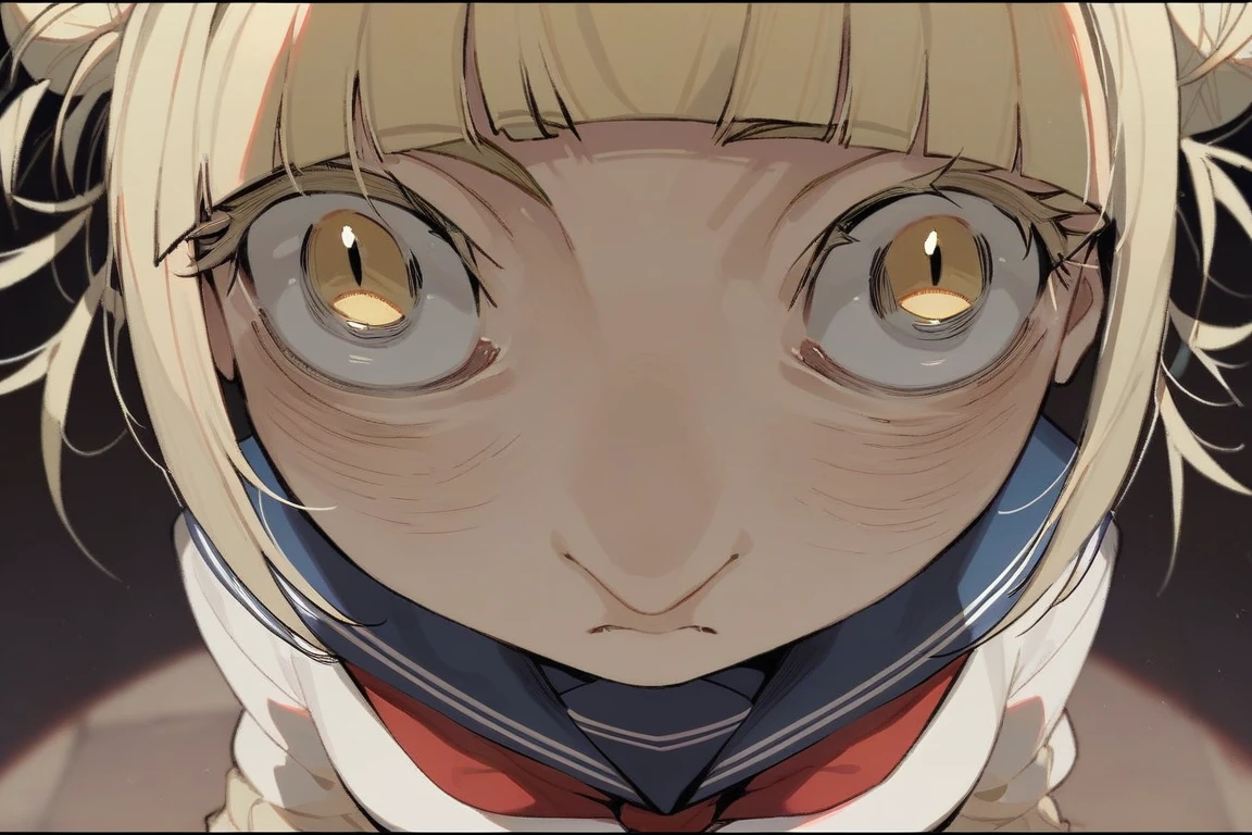 score_9, score_8_up, score_7_up, insanity-angle, 1girl, letterboxed, toga himiko, blonde hair, short hair, sidelocks, slit pupils, yellow eyes, blue sailor collar, double bun, messy hair, red neckerchief, serafuku, blush,