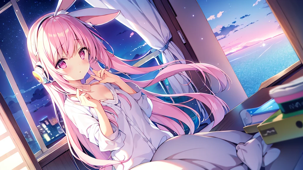 Highest quality, pretty girl, pastel colour, Fluffy bunny ears, Pink long hair,Pale pink eyes,You can see the starry sky from the window,Chill Pop,Lo-Fi,Wearing pink headphones