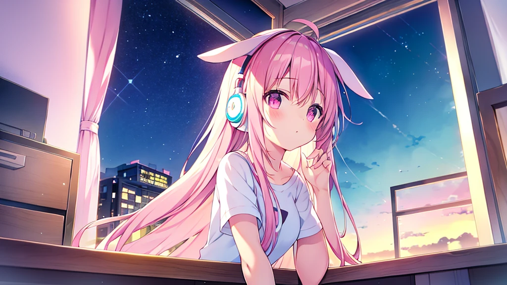 Highest quality, pretty girl, pastel colour, Fluffy bunny ears, Pink long hair,Pale pink eyes,You can see the starry sky from the window,Chill Pop,Lo-Fi,Wearing pink headphones