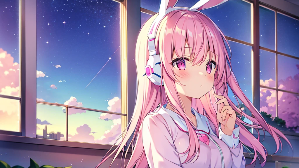 Highest quality, pretty girl, pastel colour, Fluffy bunny ears, Pink long hair,Pale pink eyes,You can see the starry sky from the window,Chill Pop,Lo-Fi,Wearing pink headphones