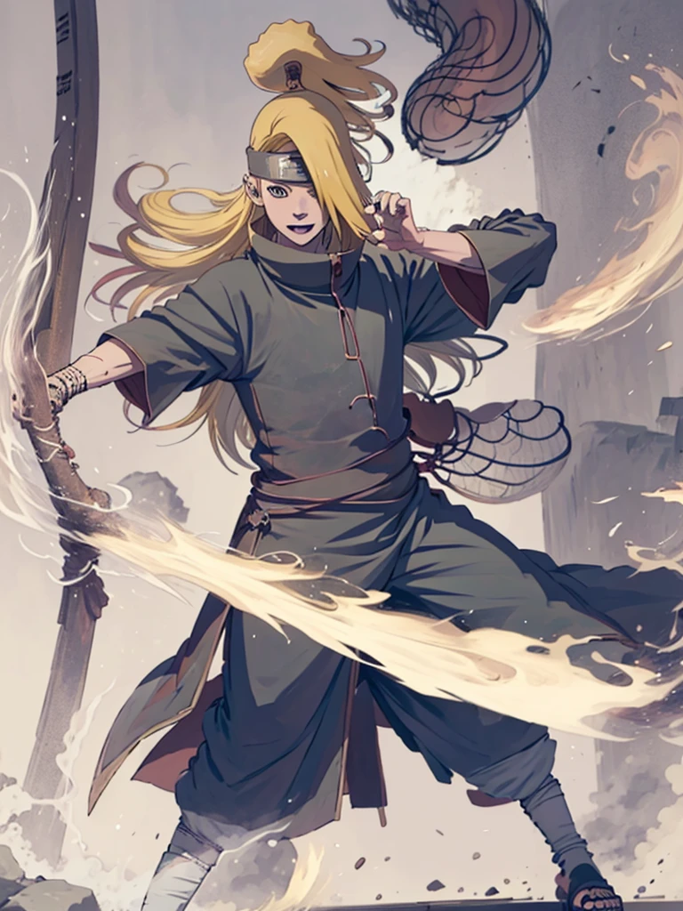 Deidara. man. 19 years. rubio. long hair. blue eyes. Long left side fringe. erect penis.