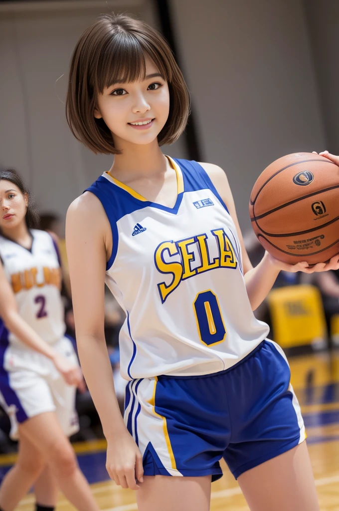 a basketball girl player in uniform dribbling ball in basketball match, 1girl, basketball, basket uniform, solo, short hair, realistic, brown hair, large breasts, brown eyes, beautiful, model, best quality, masterpiece, cute, various posing, clear face, ultra high res, (photorealistic) , High detail RAW, [:(highly detail face: 1.3):0.1], Top quality, age 21, 35mm lens, f/1, seductive smile.