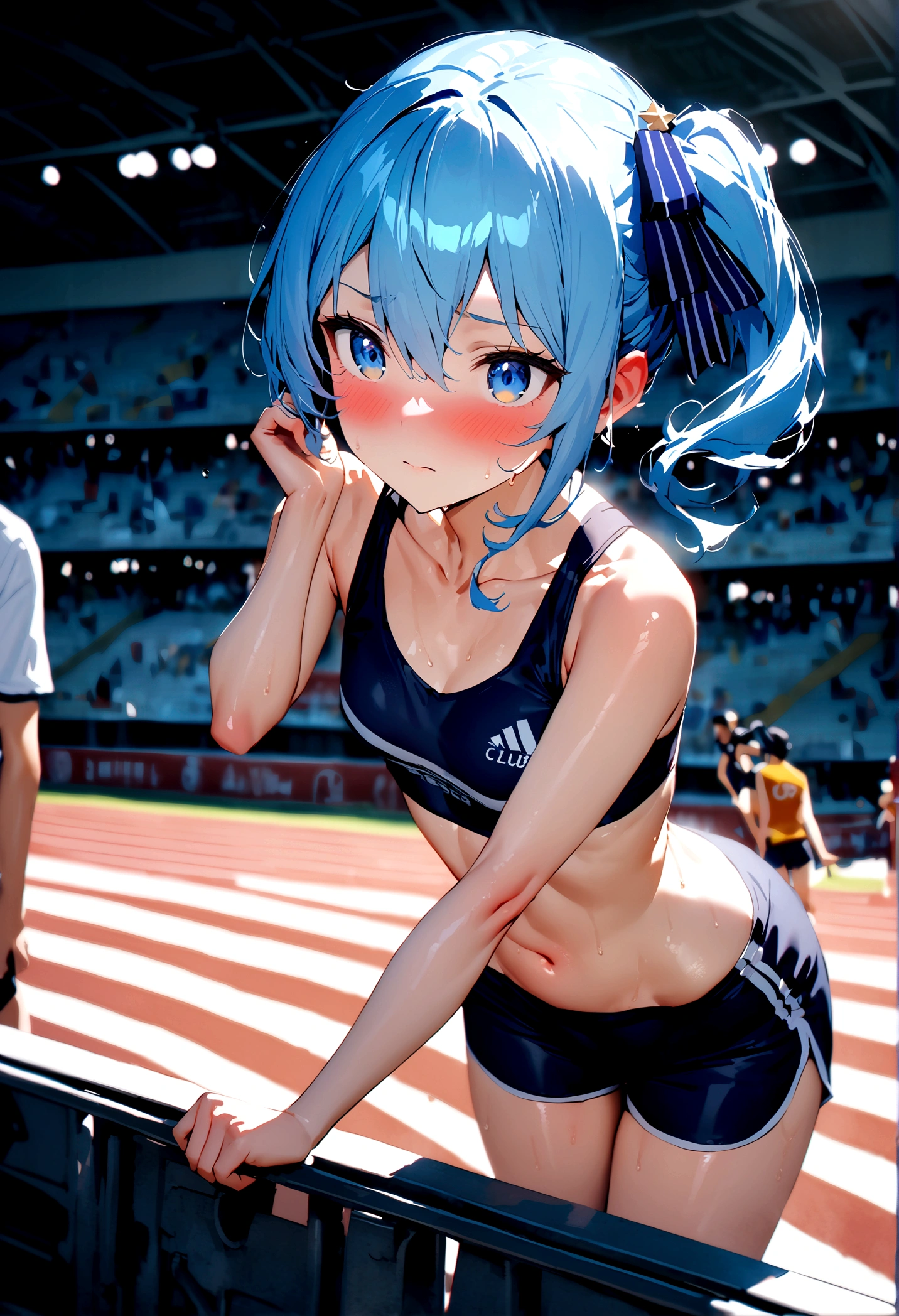 NSFW,masterpiece,Highest quality,High resolution,Super detailed,Star Town Suisei\(Hololive\),Blue Hair,One Side Ponytail,Blue Eyes,Small breasts,Track and field club,Descente Bra Top,Descente One Point Shorts,Streaks,Athletics Stadium,truck,blush,(In heat),Expecting face
