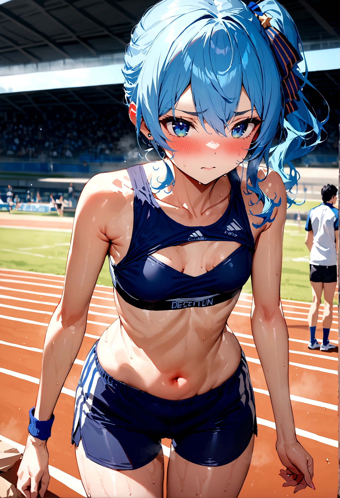 NSFW,masterpiece,Highest quality,High resolution,Super detailed,Star Town Suisei\(Hololive\),Blue Hair,One Side Ponytail,Blue Eyes,Small breasts,Track and field club,Descente Bra Top,Descente One Point Shorts,Streaks,Athletics Stadium,truck,blush,(In heat),Expecting face