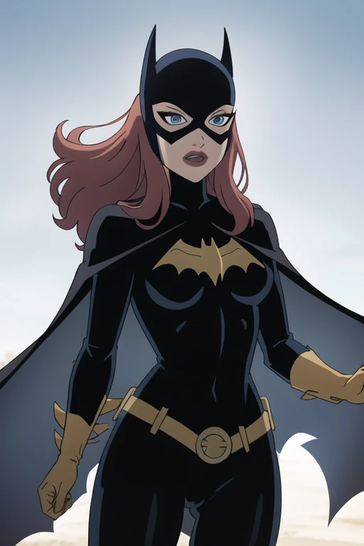 BarbaraG, 1girl, solo, cape, mask, belt, gloves, blue eyes, superhero, long hair, bodysuit, lipstick, batgirl