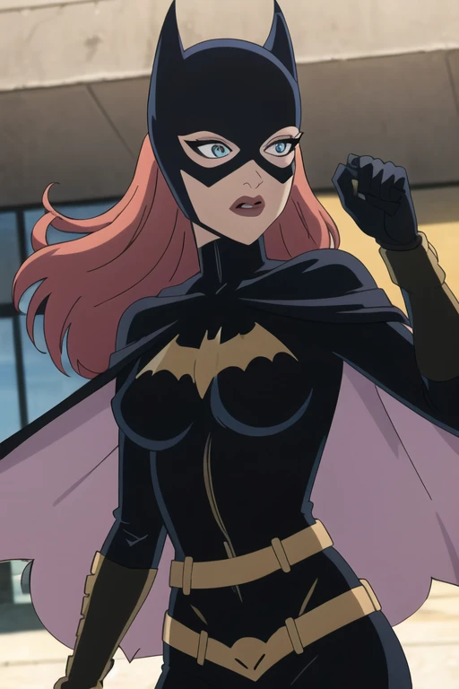 BarbaraG, 1girl, solo, cape, mask, belt, gloves, blue eyes, superhero, long hair, bodysuit, lipstick, batgirl