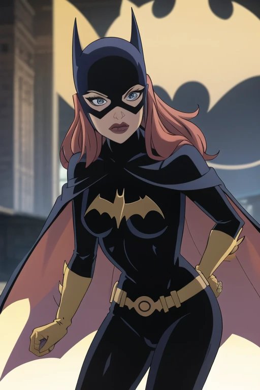 BarbaraG, 1girl, solo, cape, mask, belt, gloves, blue eyes, superhero, long hair, bodysuit, lipstick, batgirl