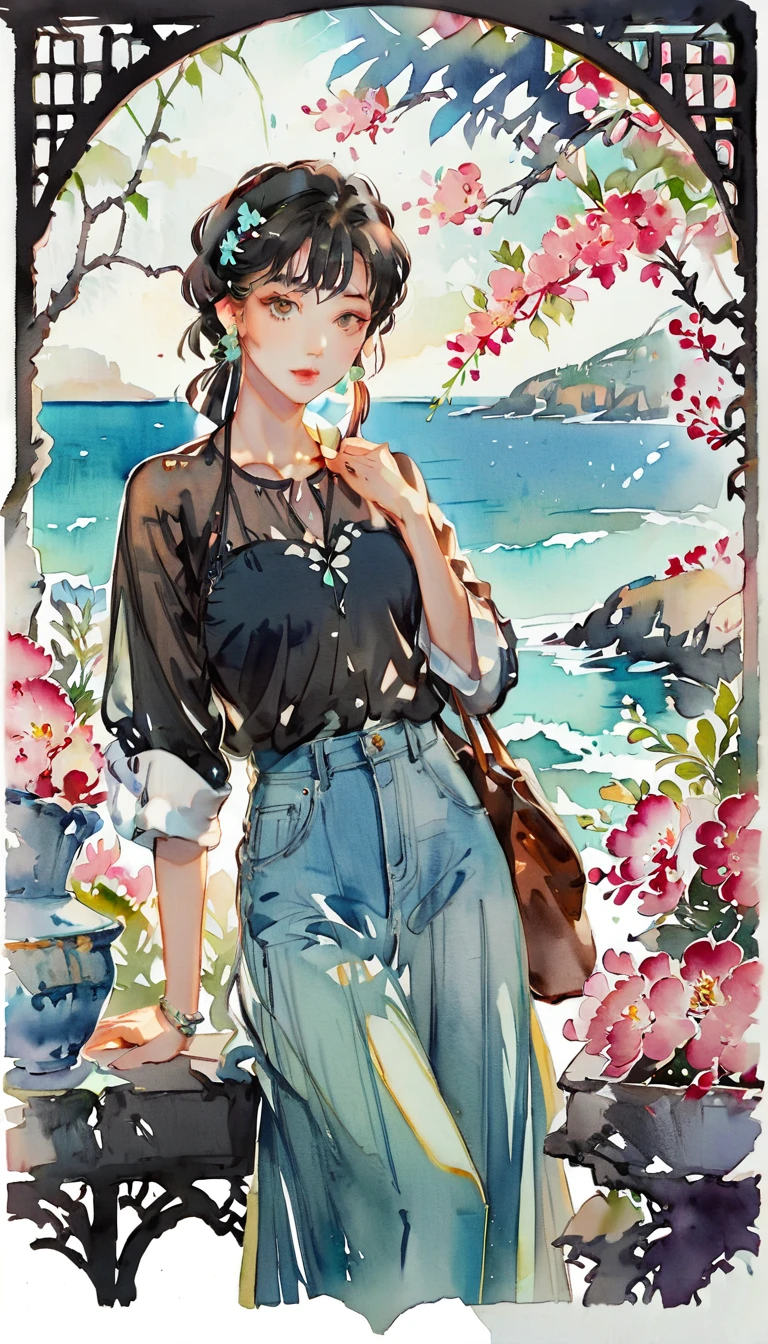(((paper cutting style))), 1 girl, short black hair, straight hair, portfolio, shirts, denim, ocean and sky