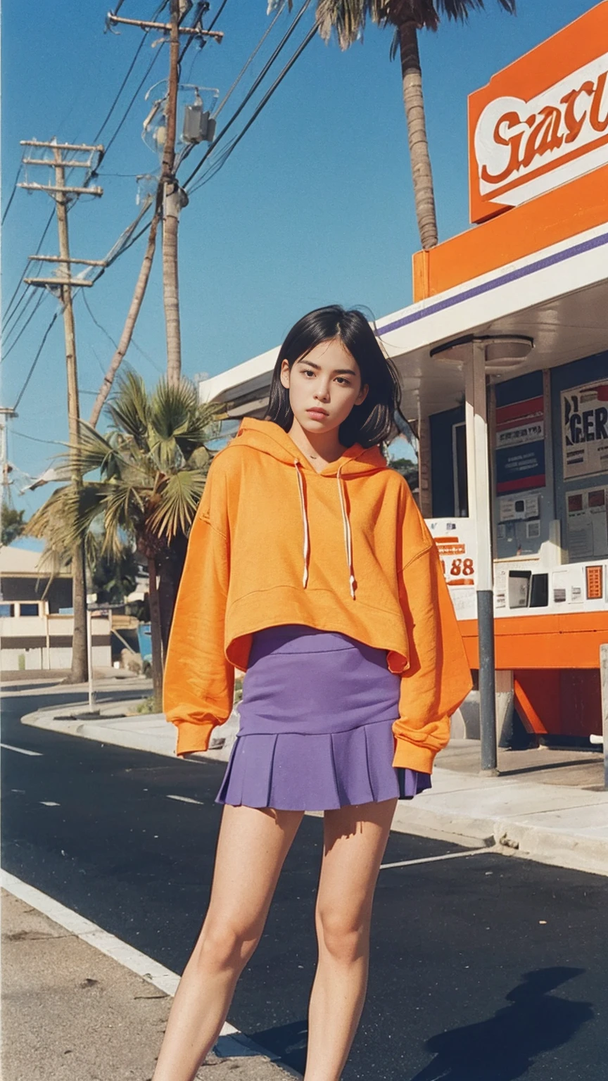 portrait of a 23 yo girl ,wear (((color orange oversized hoodie))), wear ((purple tennis skirt)),looking front,Best Quality,Masterpiece,Ultra High Resolution,(Realisticity:1.4),Original Photo, 1Girl, light leak,ultra high resolution,UHD,beautiful, (black bob hair), almond eye, no makeup, in front of ((80's gas station)), (realistic:1.2), (surreal:1.3), (very detailed:1.1), ((masterpiece)),summer, blue sky, palm trees,sunny, los angles vibes,film camera, 800mm lens,style of Philip Lorca diCorcia