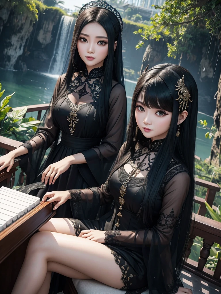 Selfi, orang cina, berwajah kalem, 1 wanita
bermain piano memakai baju gaun pesta gothic futuristik putih emas hitam bacground di balkon gedung futuristik dan kota futuristik di pinggir pantai hijau lime, full hd, 16k, kontras tinggi, saturasi tinggi, foto hyper realistis, cahaya bagus, wajah bagus dan sangat detail