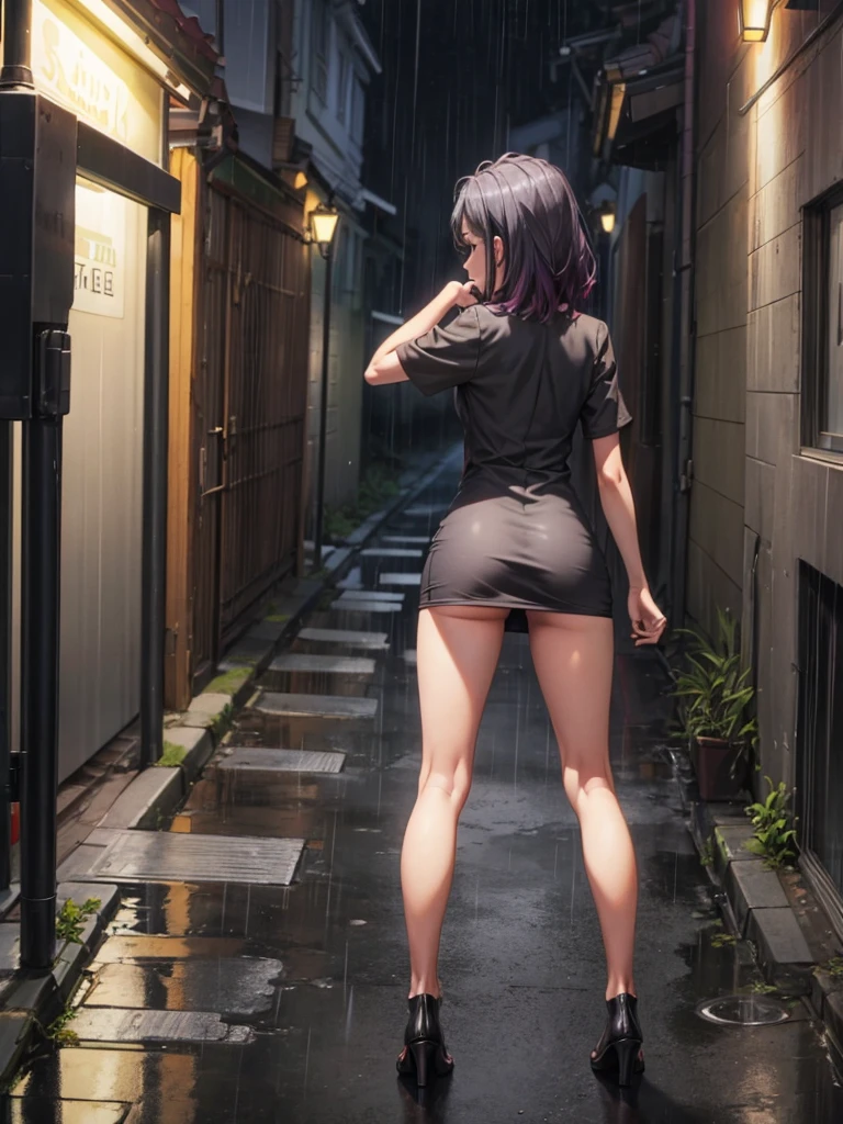 Girl, short tight dress, black thong, street background, openlegs, night, Narrow alley between houses, night, rain, slim body, slim ass, You can see the ass 