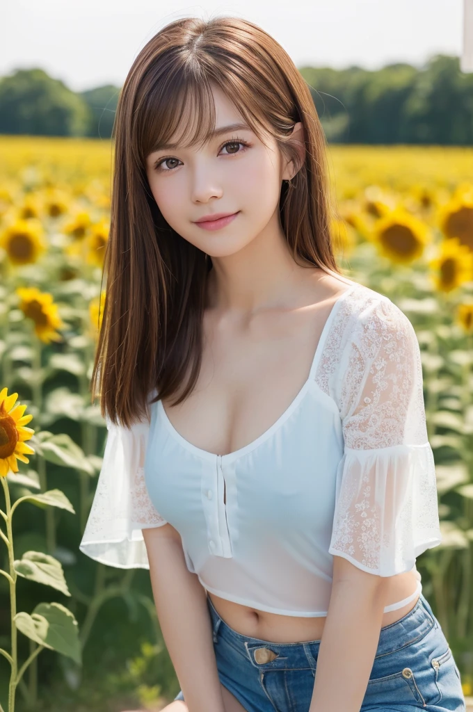 (((See-through white short-sleeved blouse))) ,(1若い女の子Very detailed美しい顔), (((Natural Makeup))),Great face and great quality:1.4), (Ultra-detailed), (Very detailed CG 統合 8k 壁紙), Very detailed,21 years old, High resolution raw color photos, Professional photography, Realistic portraits, Great face and eyes, Brown eyes,(((Straight medium brown hair))), model, Depth of written boundary,,sit,smile,(topless),(((Quite small breasts))),(Small blue shorts),(((modelのポーズで立つ))),,Sunflower field
