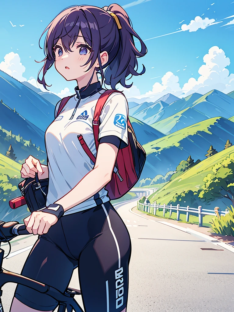 mafuyu、ponytail、Lightless eyes、highest quality、Masterpiece, outdoor,short sleeve cycling jersey, cycling half pants, mountain road, blue sky