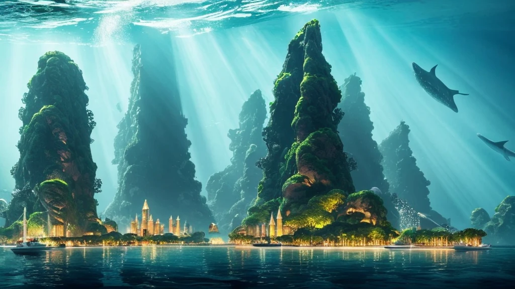 "A high-resolution, realistic, fantastical, and serene deep-sea city scene viewed from the ocean floor looking up towards the water surface. The city is very large with futuristic buildings, domes, and spires, completely submerged in clear emerald green water. The scene has a magical and tranquil atmosphere, with soft glowing lights illuminating the city. The water is deep, creating a darker and more mysterious environment. In the background, the silhouette of a whale can be seen. The city is surrounded by vibrant marine life and coral formations, capturing the enchanting beauty of the underwater city. The theme color is emerald green, highlighting the underwater environment. The aspect ratio is 16:9."