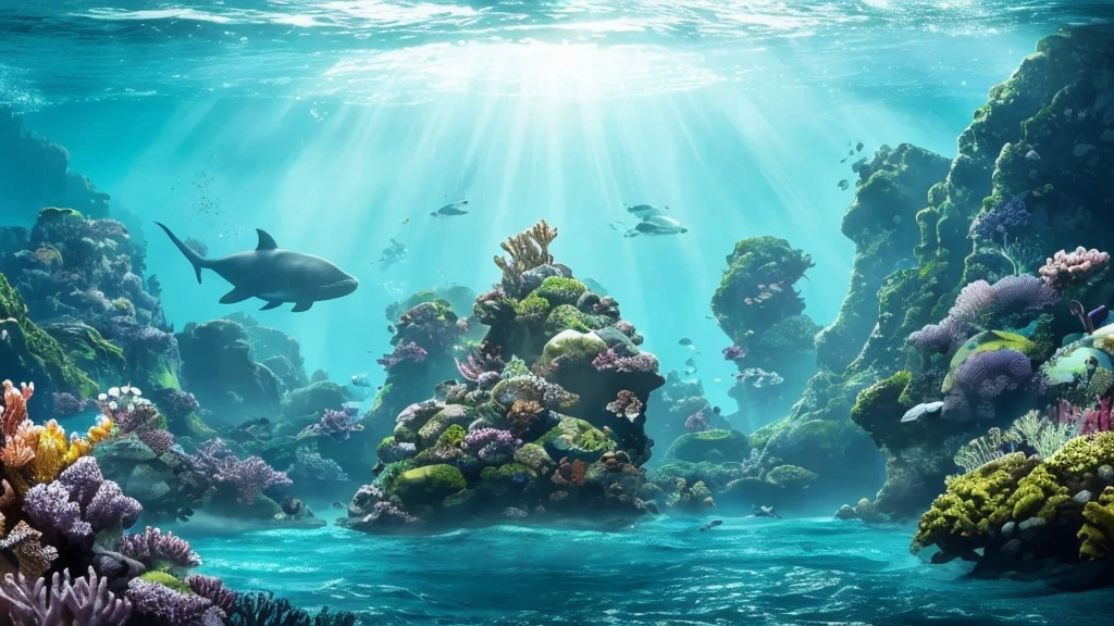 "A high-resolution, realistic, fantastical, and serene deep-sea city scene viewed from the ocean floor looking up towards the water surface. The city is very large with futuristic buildings, domes, and spires, completely submerged in clear emerald green water. The scene has a magical and tranquil atmosphere, with soft glowing lights illuminating the city. The water is deep, creating a darker and more mysterious environment. In the background, the silhouette of a whale can be seen. The city is surrounded by vibrant marine life and coral formations, capturing the enchanting beauty of the underwater city. The theme color is emerald green, highlighting the underwater environment. The aspect ratio is 16:9."