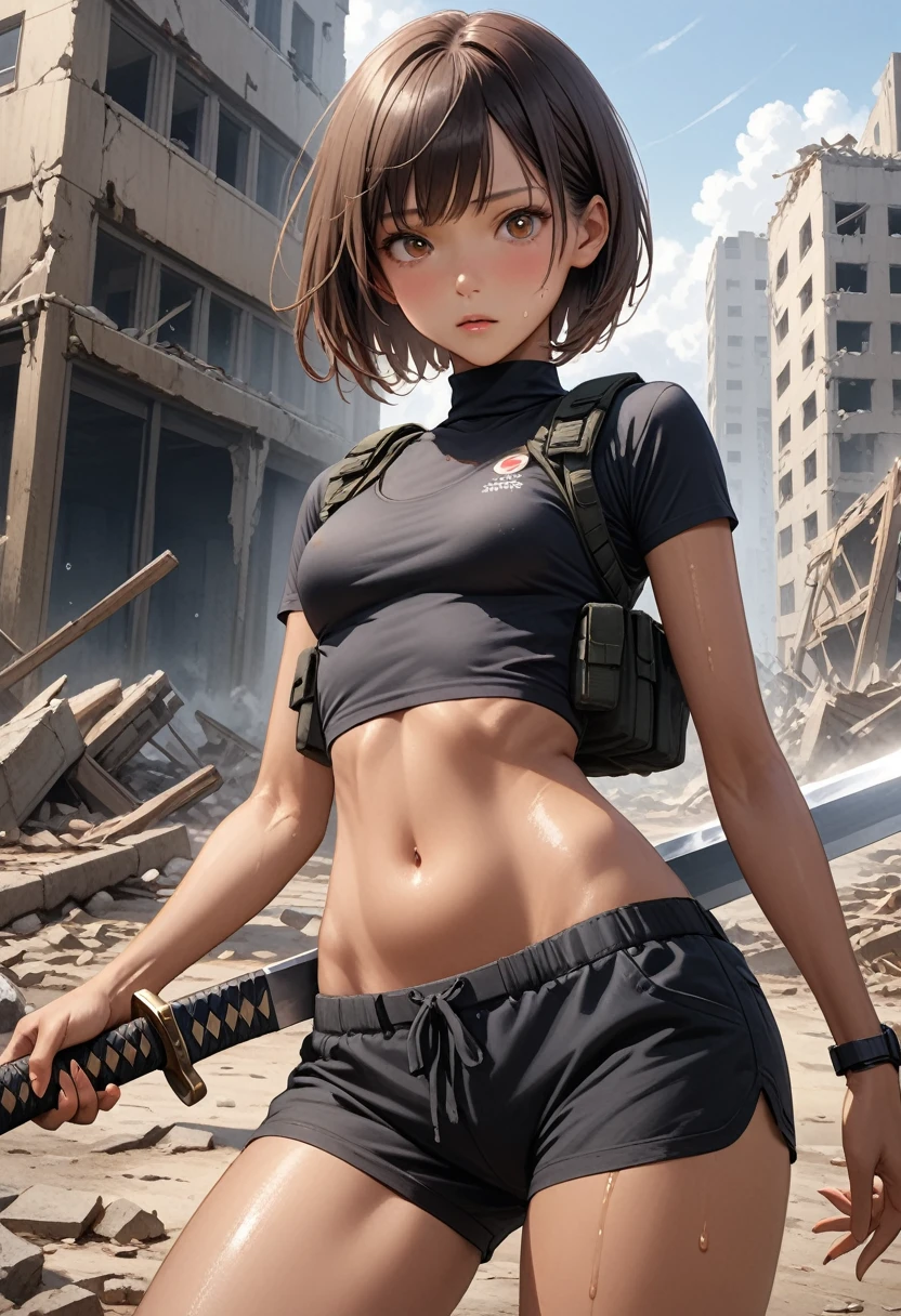 (masterpiece,Highest quality:1.3,best quality illustration,realistic),cowboy shot,1woman,30 year old Japanese beauty,Special Forces Female Soldier、((very small head:1.2)),brown short bob hair,bangs,brown eyes,gorgeous eyes,blush,small breasts,((very long body:1.2)),((toned body,slender body,skinny,tan skin)),(Black turtleneck、Short sleeve、Black tactical vest、Black shorts、Holding an accurately depicted Japanese sword),gleaming skin,shiny skin,sweat,standing,war、Collapsed building、ruins、