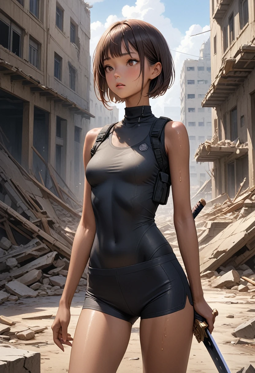 (masterpiece,Highest quality:1.3,best quality illustration,realistic),cowboy shot,1woman,30 year old Japanese beauty,Special Forces Female Soldier、((very small head:1.2)),brown short bob hair,bangs,brown eyes,gorgeous eyes,blush,small breasts,((very long body:1.2)),((toned body,slender body,skinny,tan skin)),(Black turtleneck、Short sleeve、Black tactical vest、Black shorts、Holding an accurately depicted Japanese sword),gleaming skin,shiny skin,sweat,standing,war、Collapsed building、ruins、