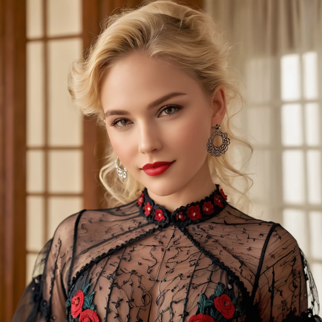 (very detailed:1.5), (no nudity:2), (1girl:1.2), (big tits:1.5), breasts, (beautiful, Swedish, blonde, (TRANSPARENT TULLE bodysuit:1.6) with black mesh pattern very tight to the body:1. 6), (semi-transparent:1.6) (with some embroidery with big floral patterns in red colour:1. 6), inside a luxurious room decorated in romantic style, (bun:1.3), (long hair:1.3), half-moon hair ornament, eyeball, half-moon earrings, make-up, seductive smile, lips parted, Hyperrealism, Sony FE GM, 85mm, f/4.0, (cowboy shot:1.5), ((best quality)), ((masterpiece)), anatomically correct