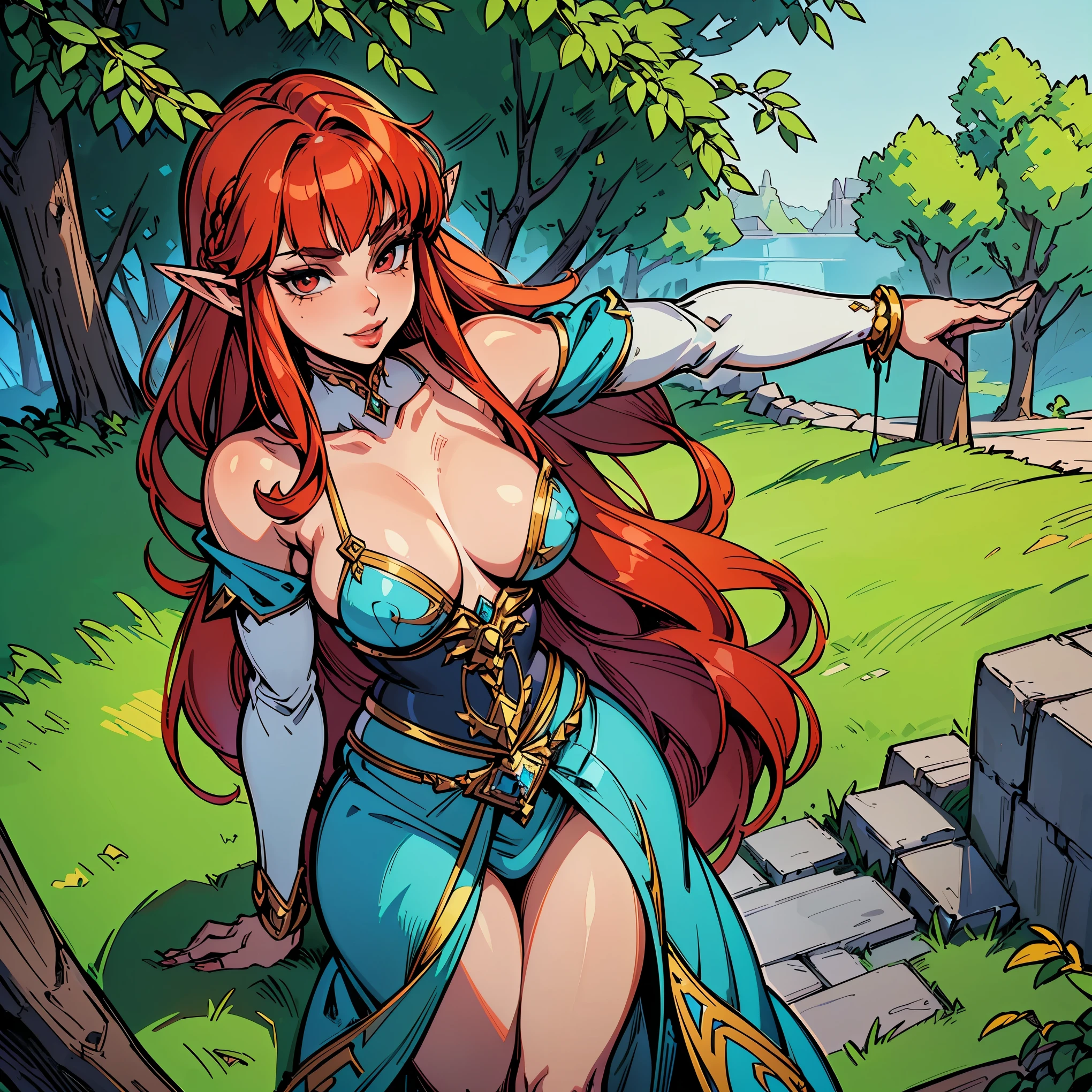 A Mature Woman with long hair in blue and white clothing holding a modeling pose, warrior, Zelda, full body Portrait of Zelda, Zelda legend, Photos cosplay, Ornate Cosplay, Professional Cosplay, Cosplay, Full Cosplay, Artgerm Moody Photography, Princess Zelda, Zelda as Triforce, Hyrule, Anime Garota Cosplay, ray-traced, 3d-render, extremely detailed, high quality, realistic light and shadow, hair loiros, eye reflection, slight smile, (Ultra Quality,Unparalleled Masterpiece:1.4)Overwhelmingly Pixel-Perfect,Ultra-Detailed CG 4K,(Ultra-Detailed Clear Absurdly-Vivid Jade Big Eyes:1.2),Gorgeous Round Detailed Face(Voluptuous:1.4)Elf(small Breasts:1.8)(Voluminous Long red Hair: 1.4),ADULT(Bangs, Sidelocks:1.2)Seductive(intricately detailed white red1.3)(Zelda)(Celestine Lucullus: 1.2)(Solo:1.4)(1Girl: 0.5)(Facing Viewer:1.2)(arms behind back:1.2)(Cowboy Shot:1.2)(from above:1.1),Skindentation(Curvaceous:1.4)(Curvy:1.4)(Bimbo: 1.4)(Normal Waist: 1.2)(Thick Lips: 1.3)small-nose(light smile: 1.2)Rocks,Trees, Plants,Bush,Color Graded, dress as sailor venus