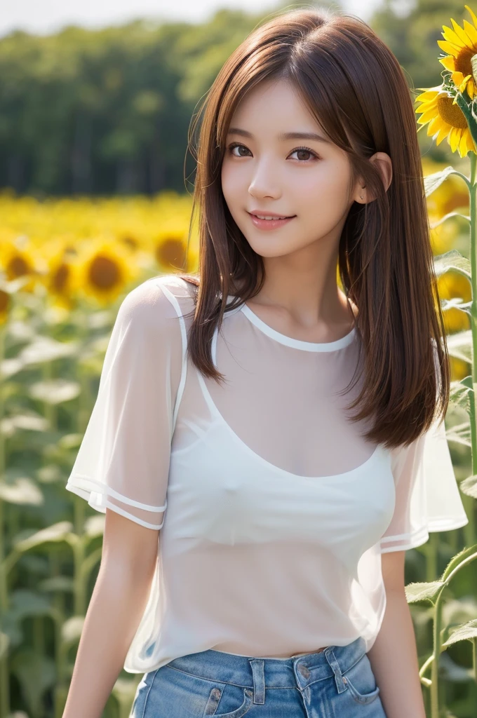 (((See-through white short-sleeved blouse))) ,(1若い女の子Very detailed美しい顔), (((Natural Makeup))),Great face and great quality:1.4), (Ultra-detailed), (Very detailed CG 統合 8k 壁紙), Very detailed,21 years old, High resolution raw color photos, Professional photography, Realistic portraits, Great face and eyes, Brown eyes,(((Straight medium brown hair))), model, Depth of written boundary,,sit,smile,(topless),(((Quite small breasts))),(Small blue shorts),(((modelのポーズで立つ))),,Sunflower field,(((Shooting from behind)))
