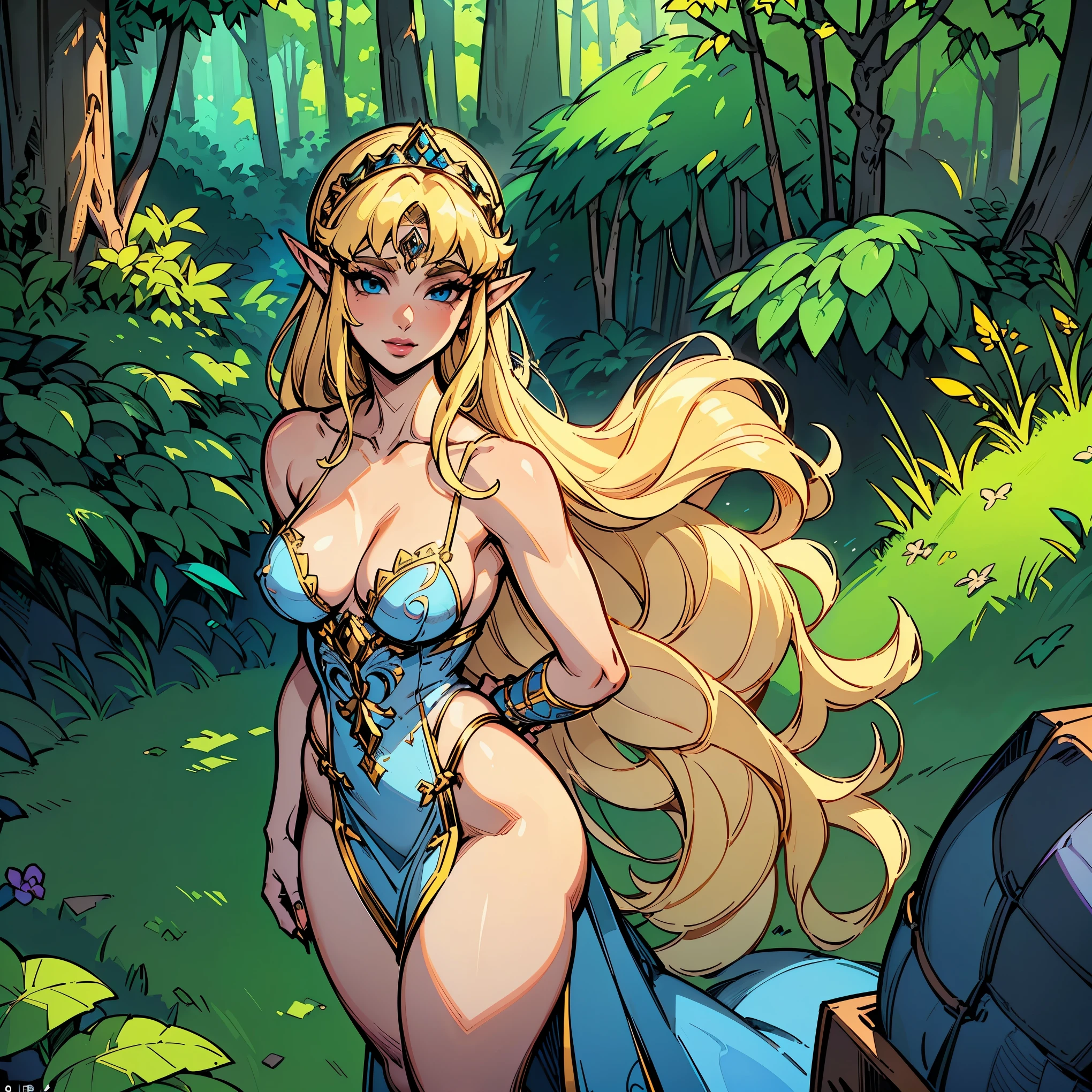 A Mature Woman with long hair in blue and white clothing holding a modeling pose, warrior, Zelda, full body Portrait of Zelda, Zelda legend, Photos cosplay, Ornate Cosplay, Professional Cosplay, Cosplay, Full Cosplay, Artgerm Moody Photography, Princess Zelda, Zelda as Triforce, Hyrule, Anime Garota Cosplay, ray-traced, 3d-render, extremely detailed, high quality, realistic light and shadow, hair loiros, eye reflection, slight smile, (Ultra Quality,Unparalleled Masterpiece:1.4)Overwhelmingly Pixel-Perfect,Ultra-Detailed CG 4K,(Ultra-Detailed Clear Absurdly-Vivid Jade Big Eyes:1.2),Gorgeous Round Detailed Face(Voluptuous:1.4)Elf(small Breasts:1.8)(Voluminous Long Blonde Hair: 1.4),ADULT(Bangs, Sidelocks:1.2)Seductive(intricately detailed white dress:1.3)(Zelda)(Celestine Lucullus: 1.2)(Solo:1.4)(1Girl: 0.5)(Facing Viewer:1.2)(arms behind back:1.2)(Cowboy Shot:1.2)(from above:1.1),Skindentation(Curvaceous:1.4)(Curvy:1.4)(Bimbo: 1.4)(Normal Waist: 1.2)(Thick Lips: 1.3)small-nose(light smile: 1.2)Rocks,Trees, Plants,Bush,Color Graded, dress as sailor venus