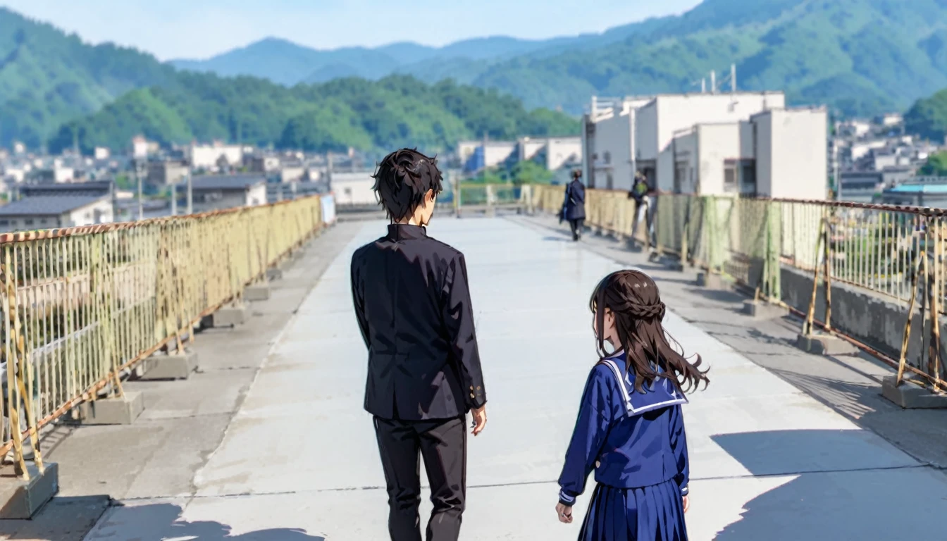 masterpiece, Highest quality, so beautiful, Absurd,
Okkyo, One girl, One boy, Outdoor, , Long Hair, Blurred, Black Hair, skirt, Mountain, Seraphim, Blurred background, Day, handrail, gakuran, blue skirt, Depth of written boundary, Long sleeve, From behind, Brown Hair, black pants, null, building, Sailor collar, pants, blue shirt, shirt
 