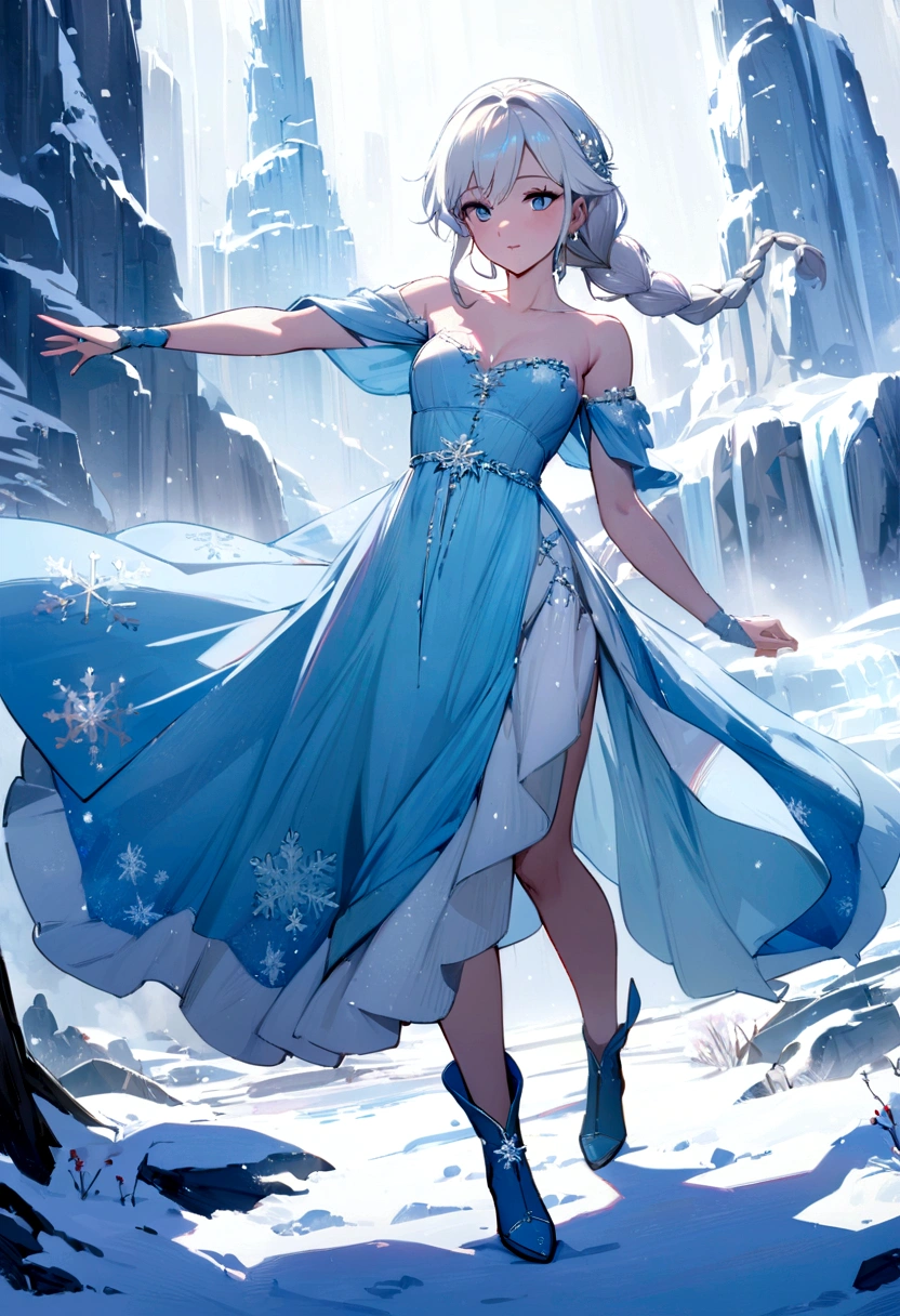 ((best quality)), ((masterpiece)), (detailed), 1girl, elsa from frozen, white hair, braided hair, blue dress, blue boots, snowflake on dress, full body