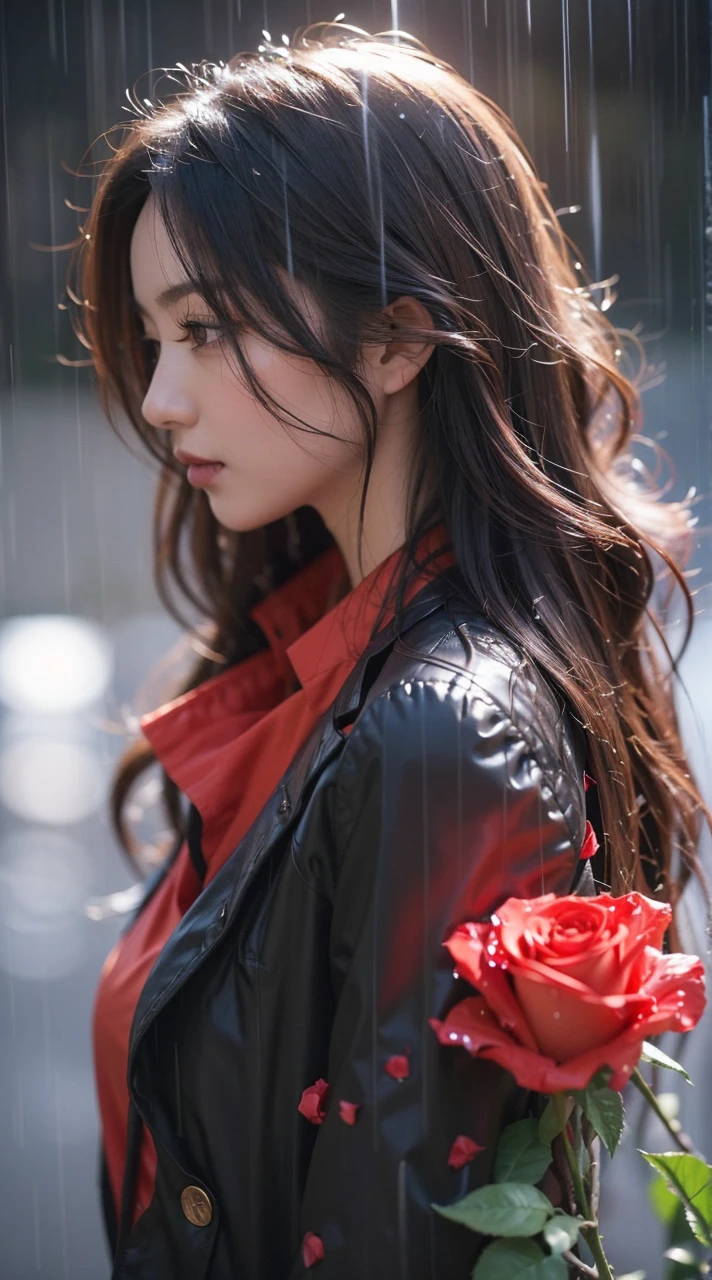 Beautiful Japanese Waifu, early 30s, brunette hair, standing in the rain, lovelorn, red shirt, black jacket, wet hair, wet coat, a red rose in the foreground 