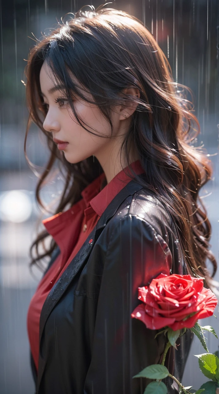 Beautiful Japanese Waifu, early 30s, brunette hair, standing in the rain, lovelorn, red shirt, black jacket, wet hair, wet coat, a red rose in the foreground