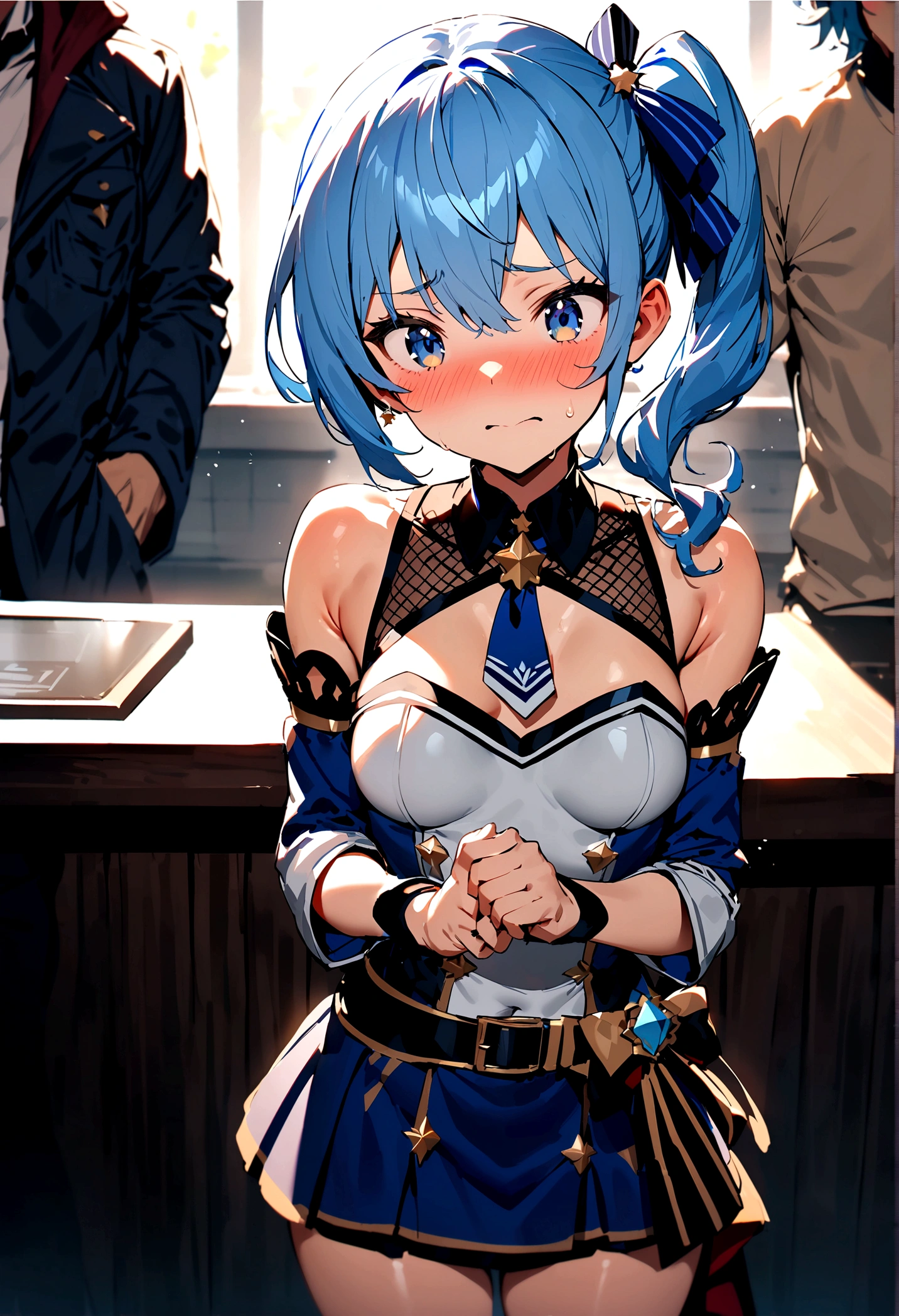 NSFW,masterpiece,Highest quality,High resolution,Super detailed,Star Town Suisei\(Hololive\),Blue Hair,One Side Ponytail,Blue Eyes,Small breasts,White leotard,High leg,Removable sleeves,Micro Mini Skirt,Fishnet tights,Adventurer's Guild,Reception counter,Embarrassed,blush,Expecting face,(Molester),(Strong-faced men),A man puts his hands on her waist and hugs her,Surrender,A relieved face,Get close