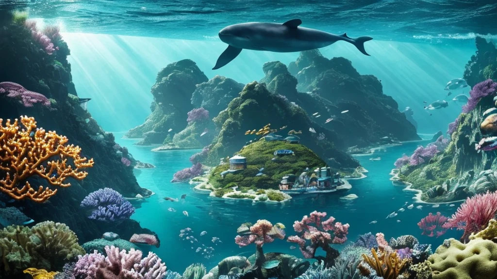 "A high-resolution, realistic, fantastical, and serene deep-sea city scene viewed from the ocean floor looking up towards the water surface. The city is very large with futuristic buildings, domes, and spires, completely submerged in clear emerald green water. The scene has a magical and tranquil atmosphere, with soft glowing lights illuminating the city. The water is deep, creating a darker and more mysterious environment. In the background, the silhouette of a whale can be seen. The city is surrounded by vibrant marine life and coral formations, capturing the enchanting beauty of the underwater city. The theme color is emerald green, highlighting the underwater environment. The aspect ratio is 16:9."