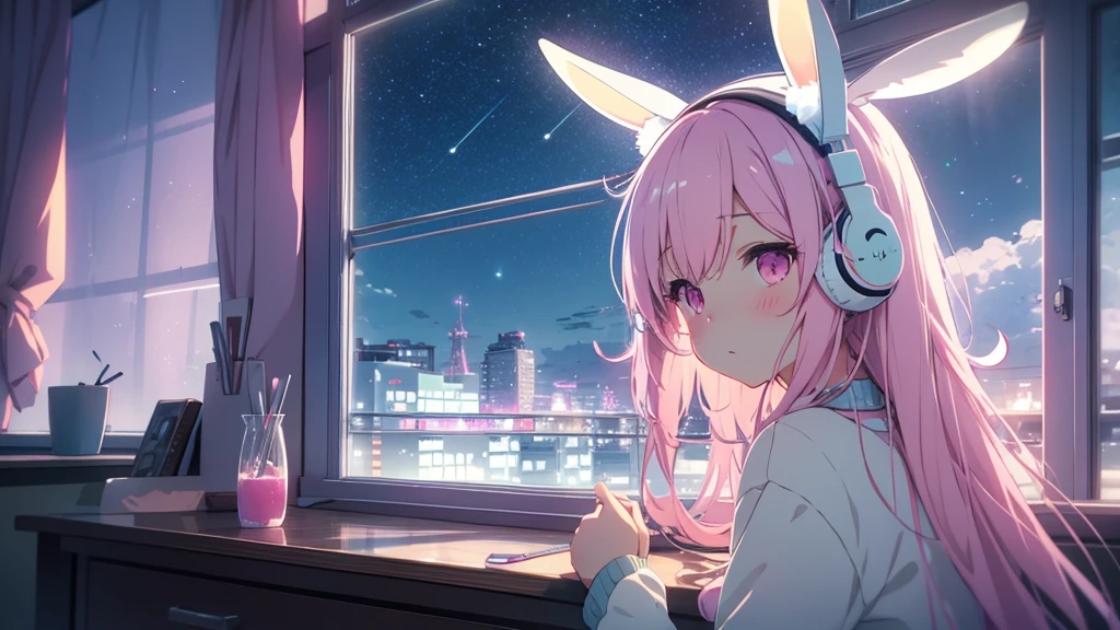 Highest quality, pretty girl, pastel colour, Fluffy bunny ears, Pink long hair,Pale pink eyes,You can see the starry sky from the window,Chill Pop,Lo-Fi,Wearing pink headphones