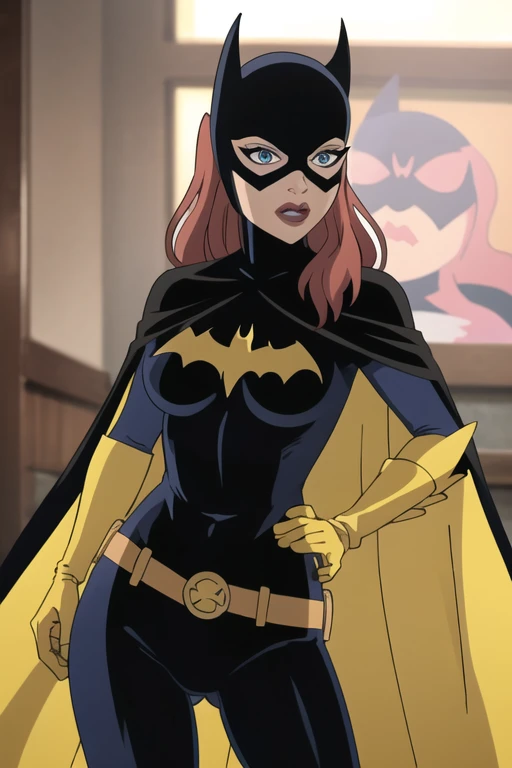 BarbaraG, 1girl, solo, cape, mask, belt, gloves, blue eyes, superhero, long hair, bodysuit, lipstick, batgirl