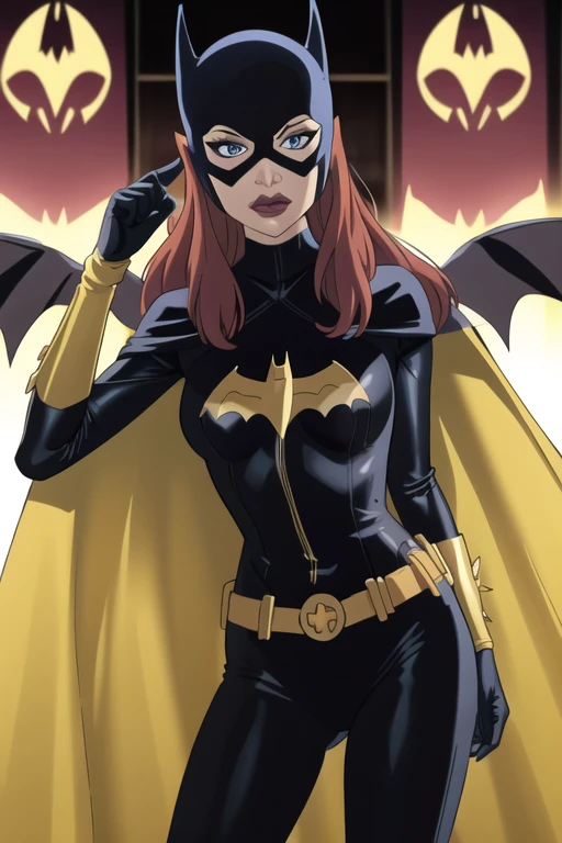 BarbaraG, 1girl, solo, cape, mask, belt, gloves, blue eyes, superhero, long hair, bodysuit, lipstick, batgirl