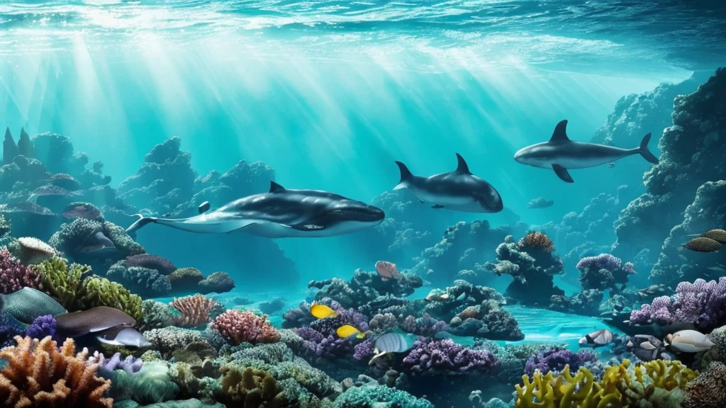 "A high-resolution, realistic, fantastical, and serene deep-sea city scene viewed from the ocean floor looking up towards the water surface. The city is very large with futuristic buildings, domes, and spires, completely submerged in clear emerald green water. The scene has a magical and tranquil atmosphere, with soft glowing lights illuminating the city. The water is deep, creating a darker and more mysterious environment. In the background, the silhouette of a whale can be seen. The city is surrounded by vibrant marine life and coral formations, capturing the enchanting beauty of the underwater city. The theme color is emerald green, highlighting the underwater environment. The aspect ratio is 16:9."