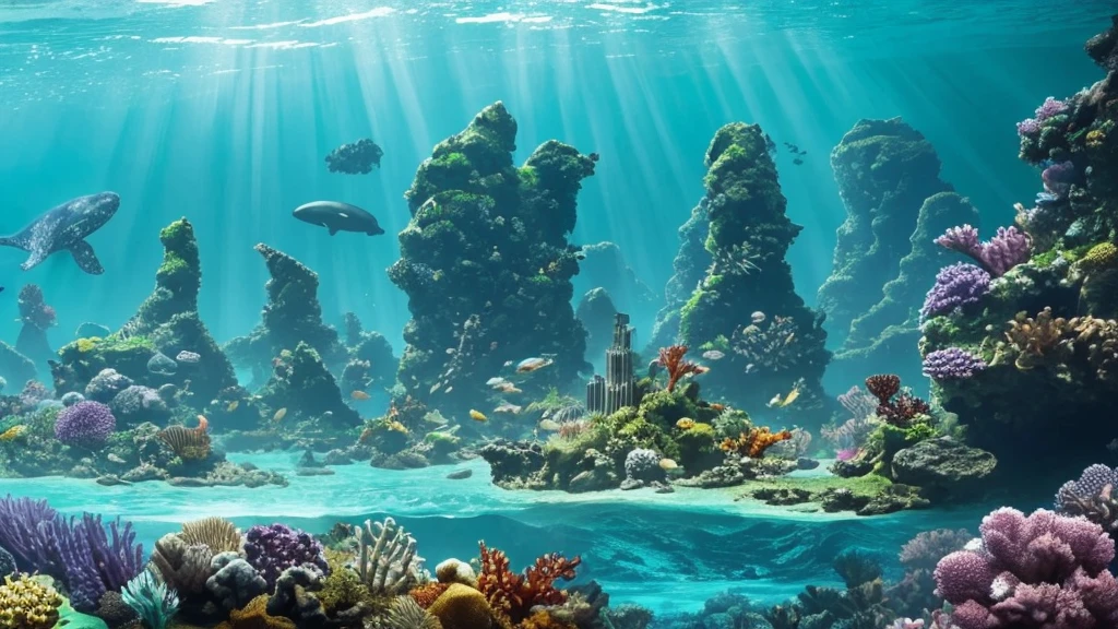 "A high-resolution, realistic, fantastical, and serene deep-sea city scene viewed from the ocean floor looking up towards the water surface. The city is very large with futuristic buildings, domes, and spires, completely submerged in clear emerald green water. The scene has a magical and tranquil atmosphere, with soft glowing lights illuminating the city. The water is deep, creating a darker and more mysterious environment. In the background, the silhouette of a whale can be seen. The city is surrounded by vibrant marine life and coral formations, capturing the enchanting beauty of the underwater city. The theme color is emerald green, highlighting the underwater environment. The aspect ratio is 16:9."