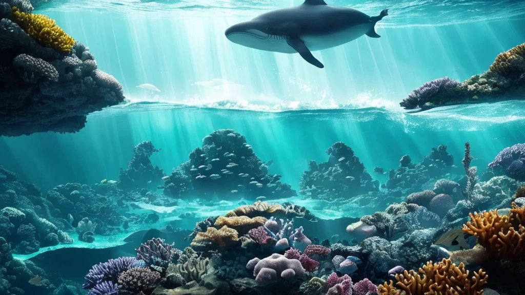 "A high-resolution, realistic, fantastical, and serene deep-sea city scene viewed from the ocean floor looking up towards the water surface. The city is very large with futuristic buildings, domes, and spires, completely submerged in clear emerald green water. The scene has a magical and tranquil atmosphere, with soft glowing lights illuminating the city. The water is deep, creating a darker and more mysterious environment. In the background, the silhouette of a whale can be seen. The city is surrounded by vibrant marine life and coral formations, capturing the enchanting beauty of the underwater city. The theme color is emerald green, highlighting the underwater environment. The aspect ratio is 16:9."