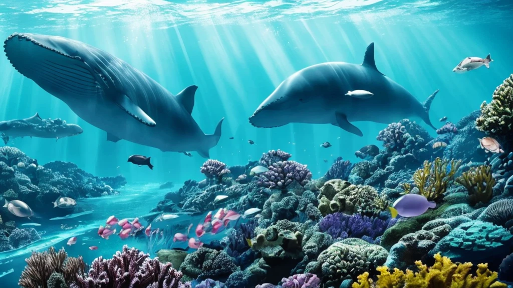"A high-resolution, realistic, fantastical, and serene deep-sea city scene viewed from the ocean floor looking up towards the water surface. The city is very large with futuristic buildings, domes, and spires, completely submerged in clear emerald green water. The scene has a magical and tranquil atmosphere, with soft glowing lights illuminating the city. The water is deep, creating a darker and more mysterious environment. In the background, the silhouette of a whale can be seen. The city is surrounded by vibrant marine life and coral formations, capturing the enchanting beauty of the underwater city. The theme color is emerald green, highlighting the underwater environment. The aspect ratio is 16:9."