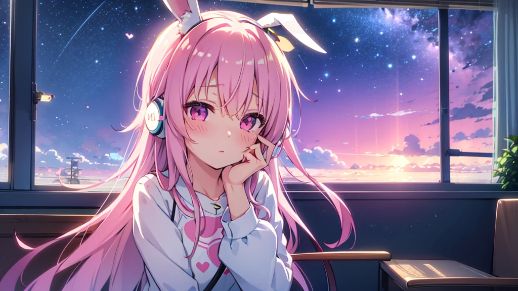 Highest quality, pretty girl, pastel colour, Fluffy bunny ears, Pink long hair,Pale pink eyes,You can see the starry sky from the window,Chill Pop,Lo-Fi,Wearing pink headphones