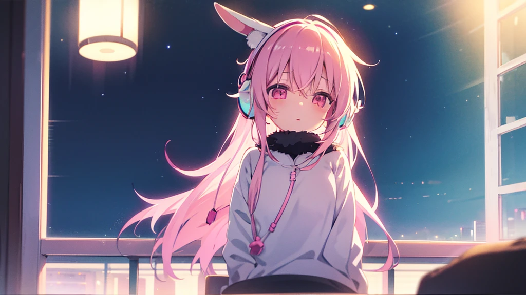 Highest quality, pretty girl, pastel colour, Fluffy bunny ears, Pink long hair,Pale pink eyes,You can see the starry sky from the window,Chill Pop,Lo-Fi,Wearing pink headphones