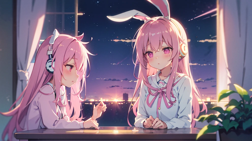 Highest quality, pretty girl, pastel colour, Fluffy bunny ears, Pink long hair,Pale pink eyes,You can see the starry sky from the window,Chill Pop,Lo-Fi,Wearing pink headphones