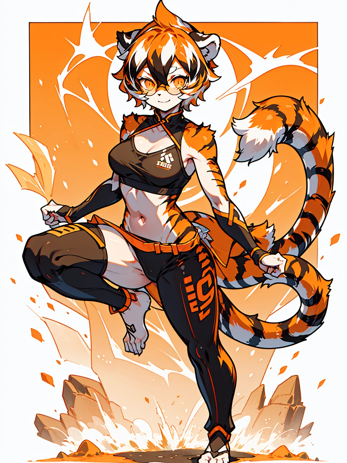 white background, full body, solo, Standing, heading up, proud , young girl, animal ears, arknights, white hair, black hair, round eyewear, glasses, OPPEIN, short hair, large breasts, muscle，tail, orange eyes, orange hair, multicolored hair, tiger girl, furry female, hair between eyes, tiger_ears, tiger_tail, waai_fu, orange-tinted_eyewear, tinted_eyewear, Sophorae, ワイフー, waai_fu_arknights, tattoo, petite, neck tattoo, big breasts, stomach tattoo, bra, panties, evil smile, Shadows under feet，text， 