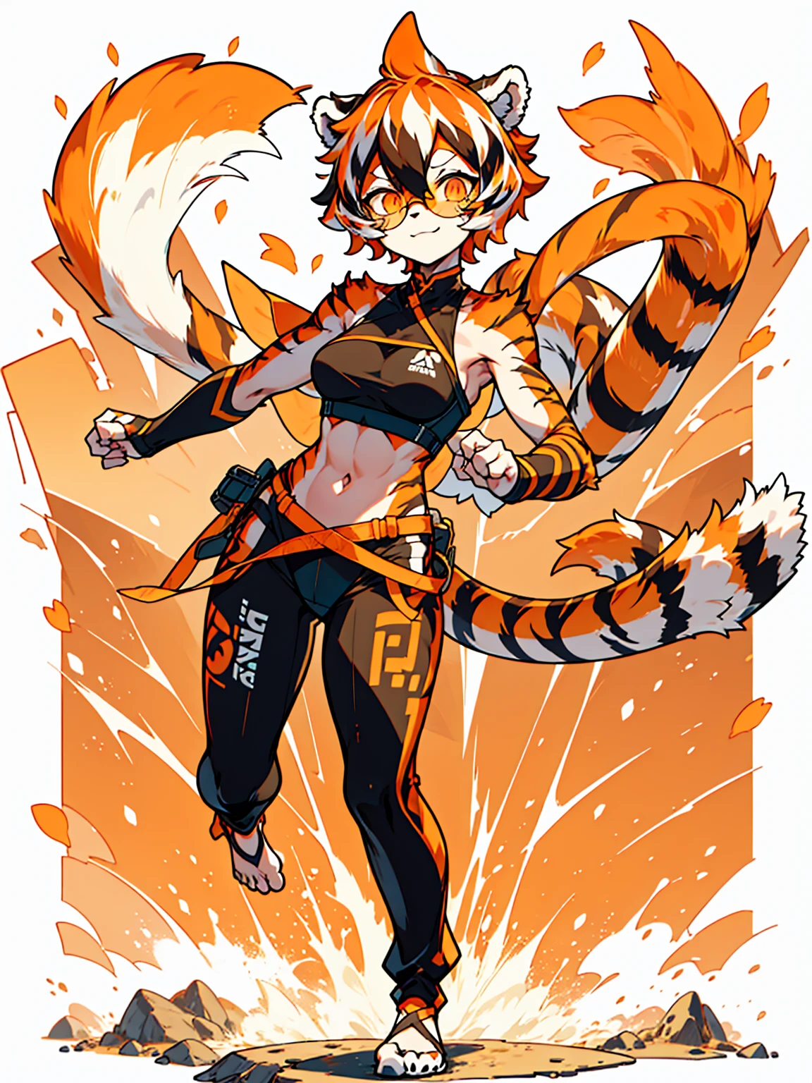 white background, full body, solo, Standing, heading up, proud , young girl, animal ears, arknights, white hair, black hair, round eyewear, glasses, OPPEIN, short hair, large breasts, muscle，tail, orange eyes, orange hair, multicolored hair, tiger girl, furry female, hair between eyes, tiger_ears, tiger_tail, waai_fu, orange-tinted_eyewear, tinted_eyewear, Sophorae, ワイフー, waai_fu_arknights, tattoo, petite, neck tattoo, big breasts, stomach tattoo, bra, panties, evil smile, Shadows under feet，text， 