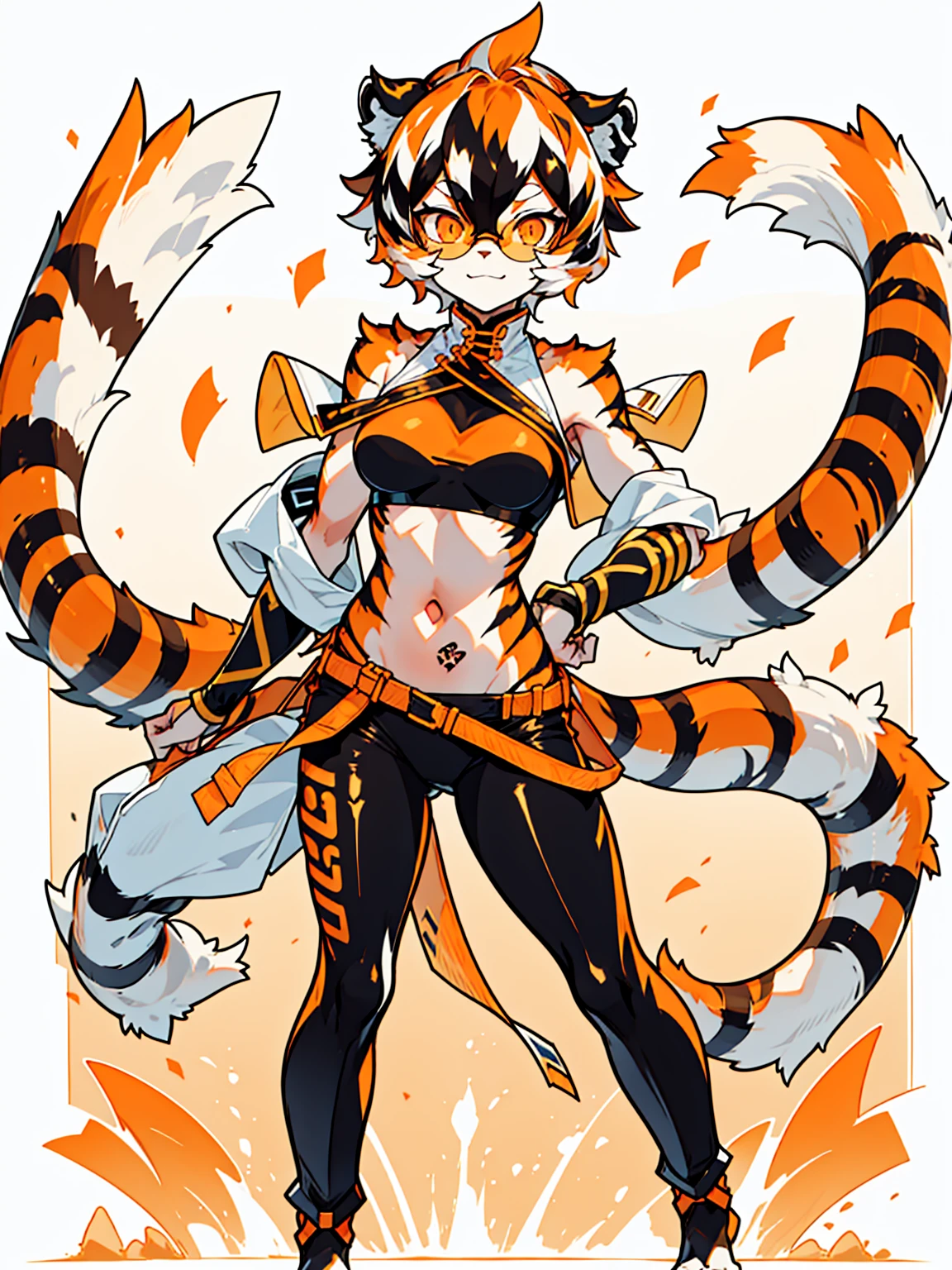 white background, full body, 1girl, solo, Standing:1.5, animal ears, white hair, black hair, short hair, large breasts, Abdominal muscles, tail, orange eyes, orange hair, multicolored hair, tiger girl, hair between eyes, tiger_ears, tiger_tail, orange-tinted_eyewear, tinted_eyewear, big breasts, evil smile, Shadows under feet, sey ass,back,(((slit sexy fun outfit:1.2)))