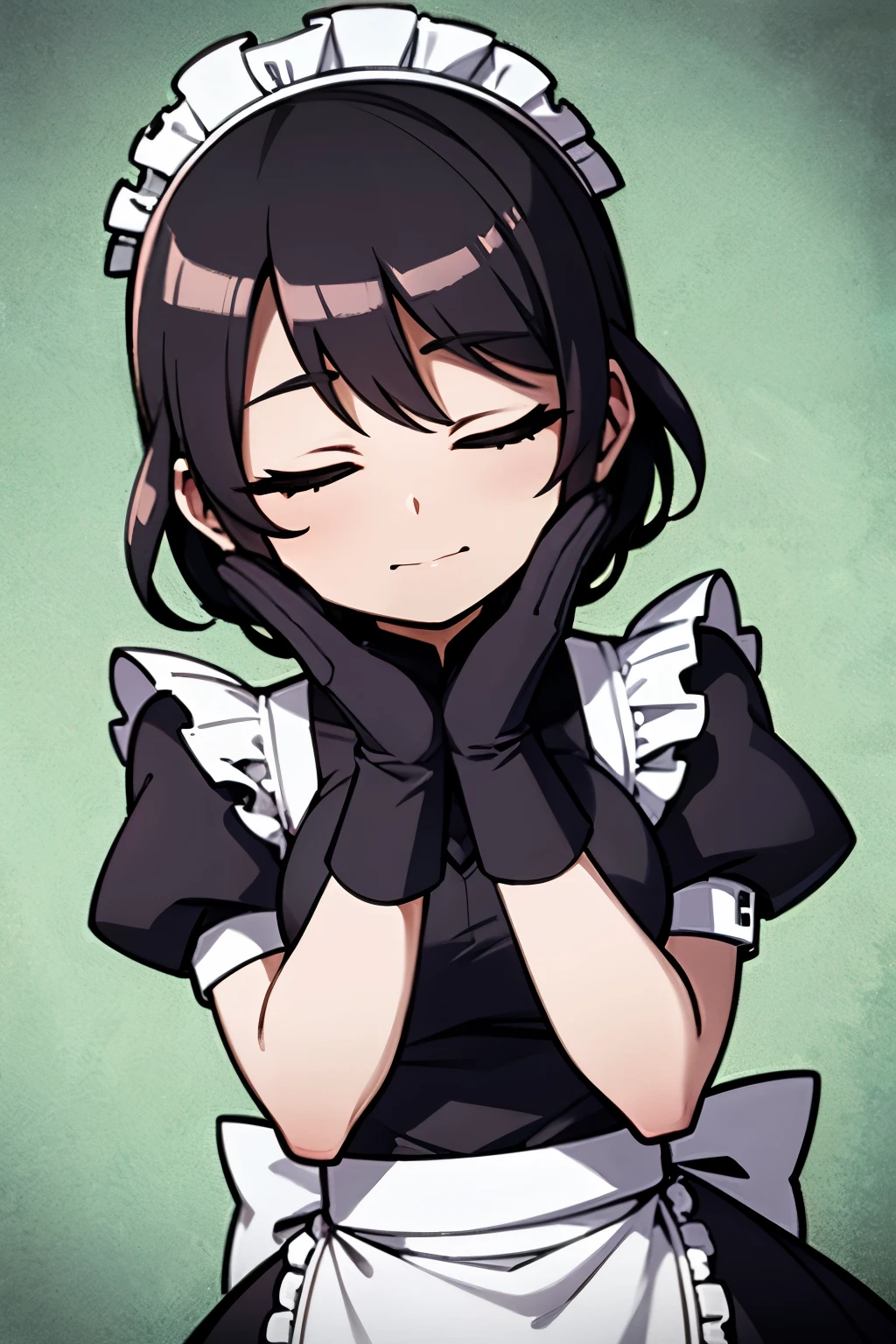 a maid with closed eyes performing a curtsey