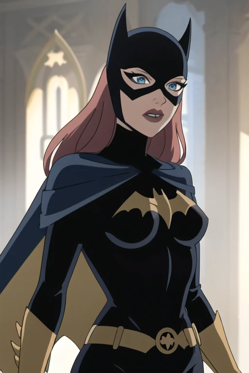BarbaraG, 1girl, solo, blue cape, mask, belt, gloves, blue eyes, superhero, long hair, bodysuit, lipstick, batgirl
